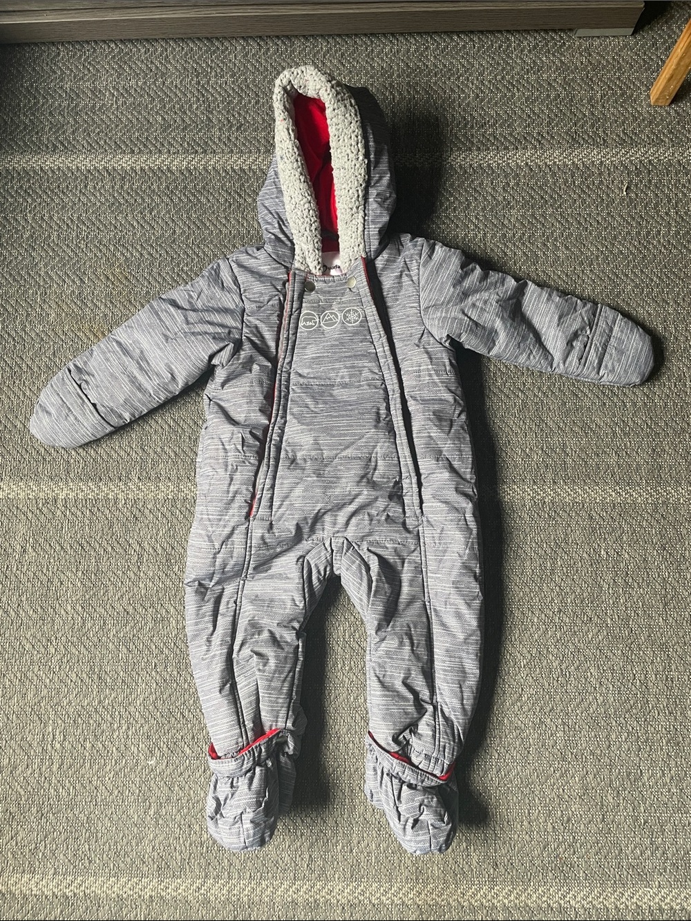 Surface Grey puffer Hooded Baby snowsuit One-Piece with Red Accents